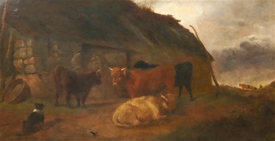 James Roberts (19th C.) Highland cattle and a collie beside a stone barn 53 x 92cm., unframed